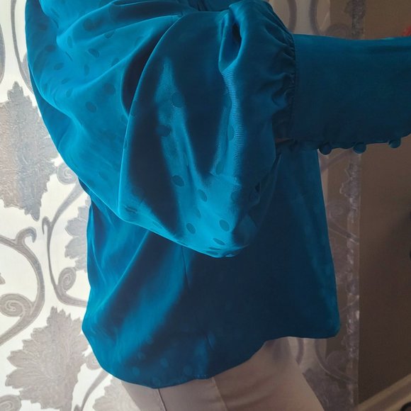 Happy X Nature Tops - NWT Happy X Nature Stylish Blue Dotted Teal Puff Sleeve Satin Blouse ~ Size L